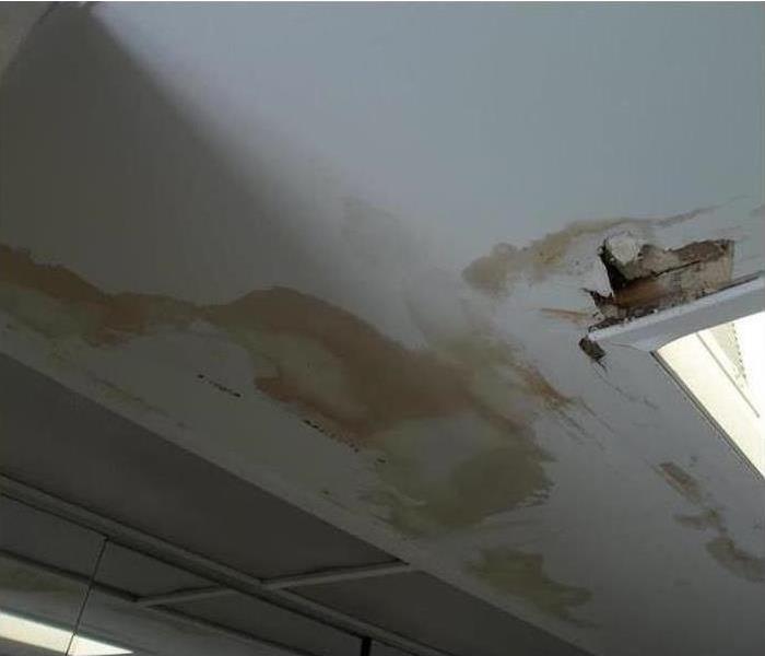 Water stains on ceiling, cracked ceiling by light frame